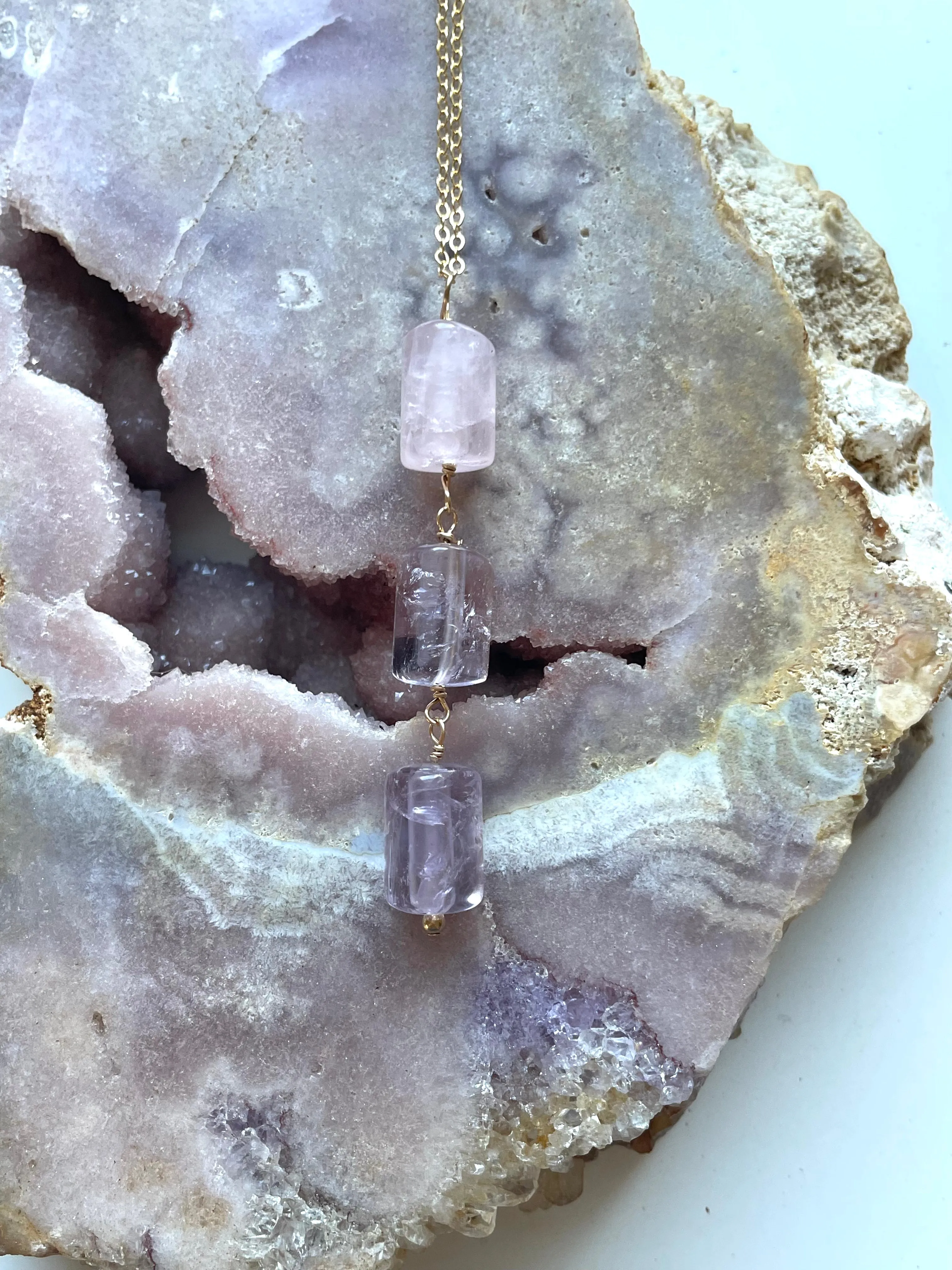 Crystal Gemstone Lariat Rose Quartz and Amethyst