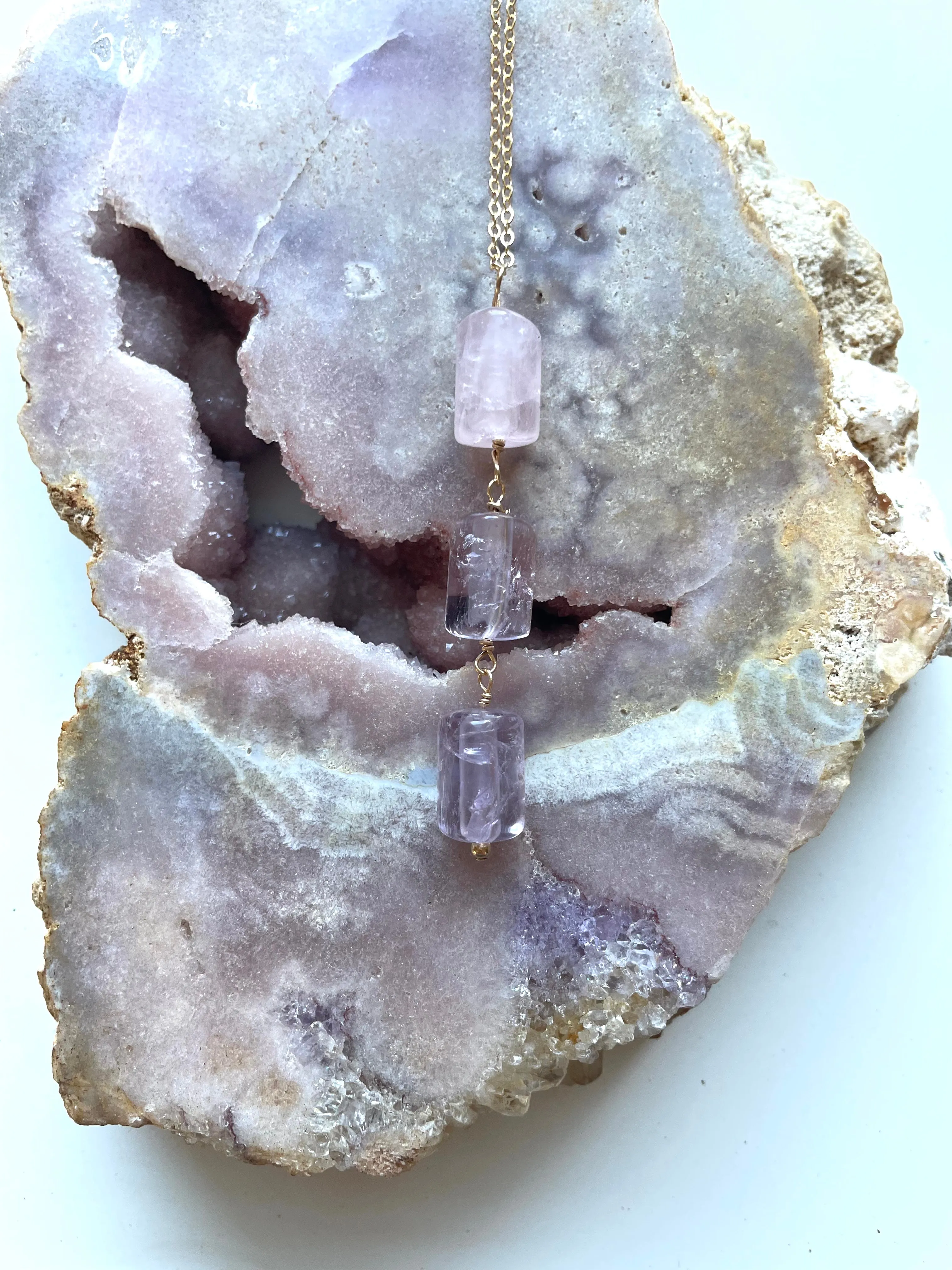 Crystal Gemstone Lariat Rose Quartz and Amethyst