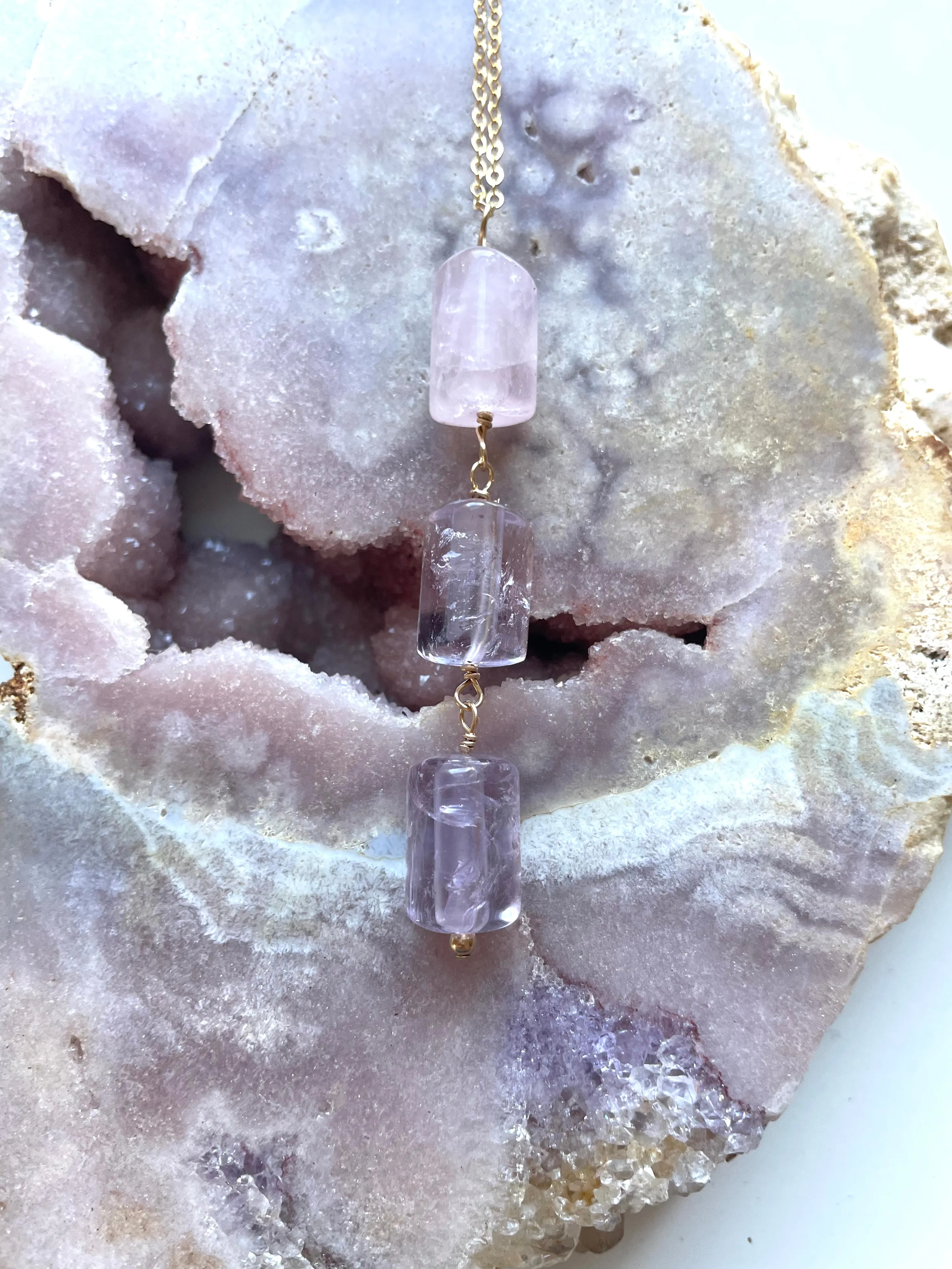 Crystal Gemstone Lariat Rose Quartz and Amethyst