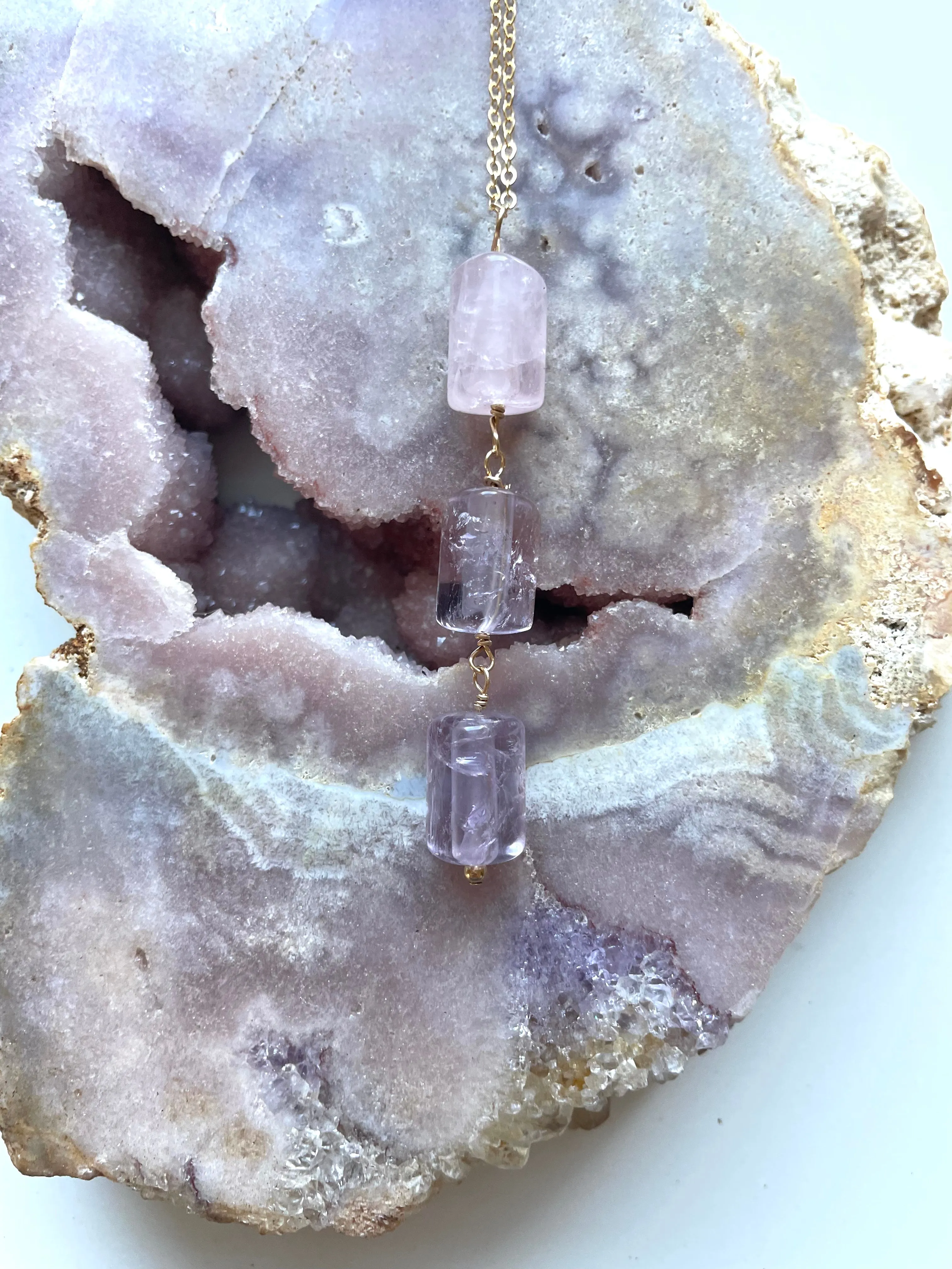 Crystal Gemstone Lariat Rose Quartz and Amethyst