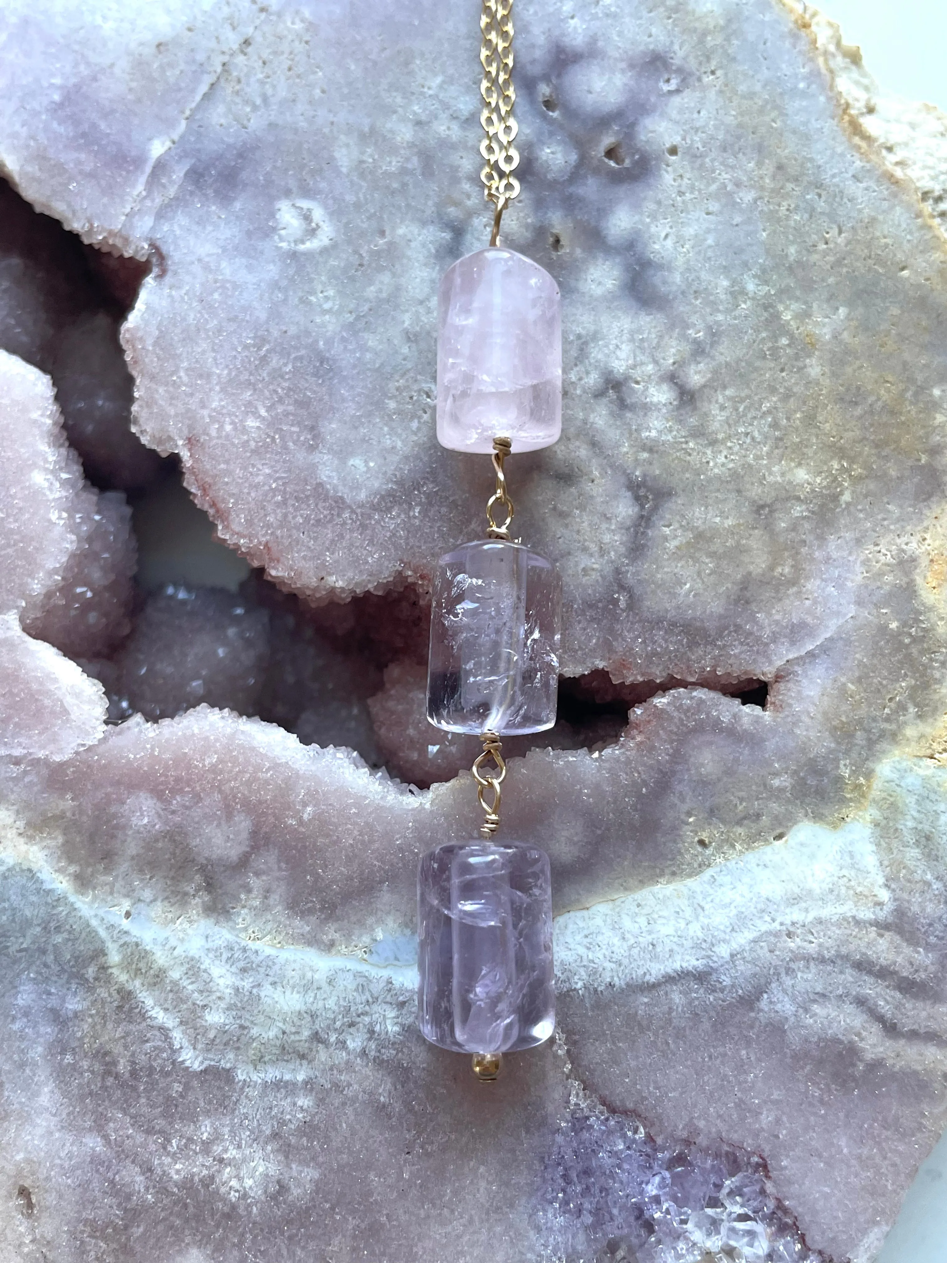 Crystal Gemstone Lariat Rose Quartz and Amethyst