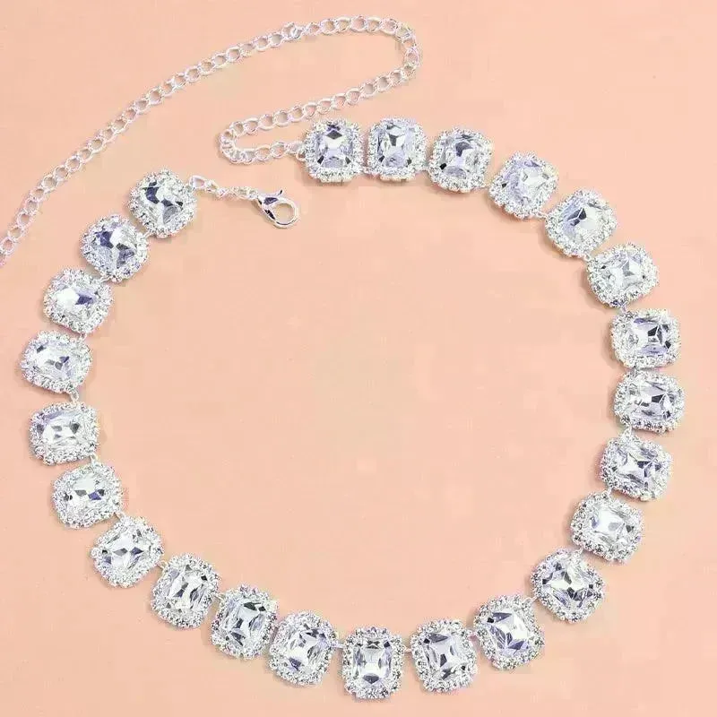 Crystal Rhinestone Fashion Square Stone Necklace for Women Wedding Bridesmaid Necklaces