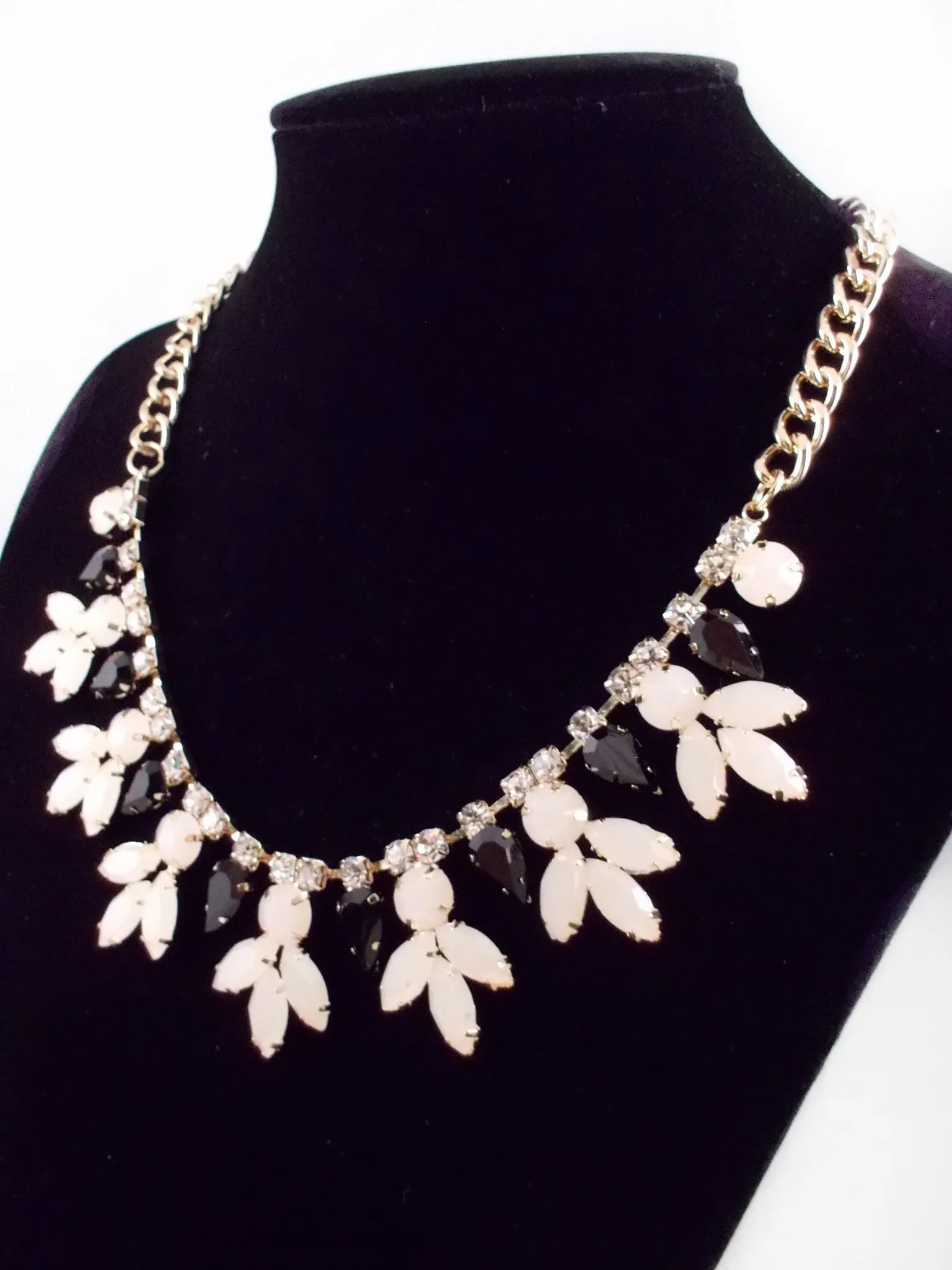Crystal Rose Bud Necklace- Black & White