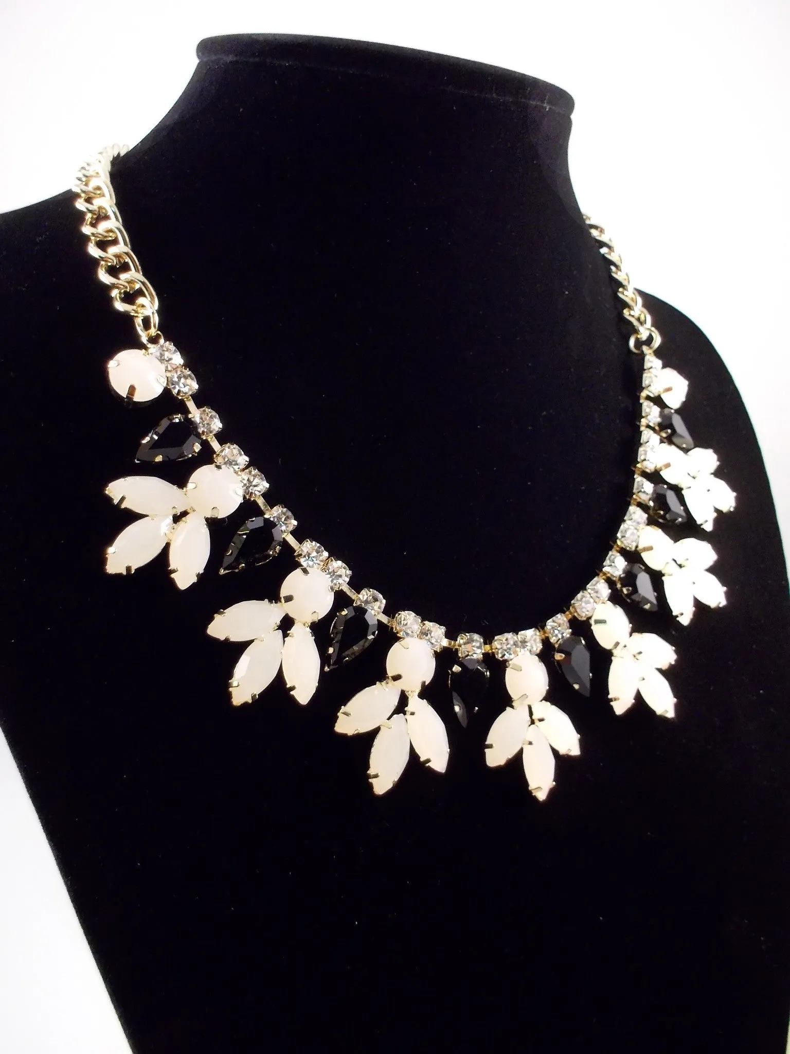 Crystal Rose Bud Necklace- Black & White