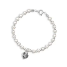 Cultured Freshwater Pearl and Silver Bead Bracelet with Oxidized Heart