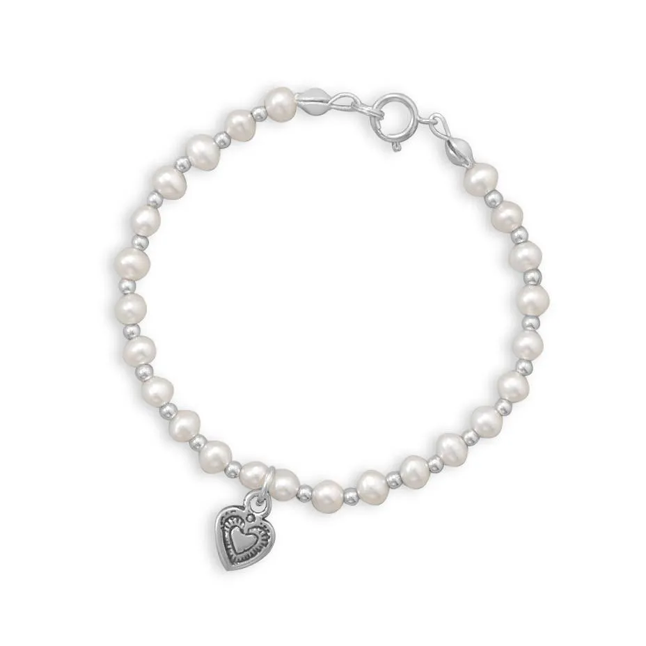 Cultured Freshwater Pearl and Silver Bead Bracelet with Oxidized Heart