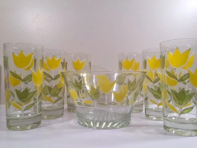Culver Signed Mid-Century Yellow and Green Tulip Set (6 Glasses and Ice Container)