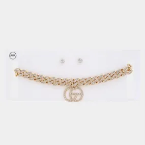 Double Circle Rhinestone Charm Curb Link Choker Necklace - Ships from The US