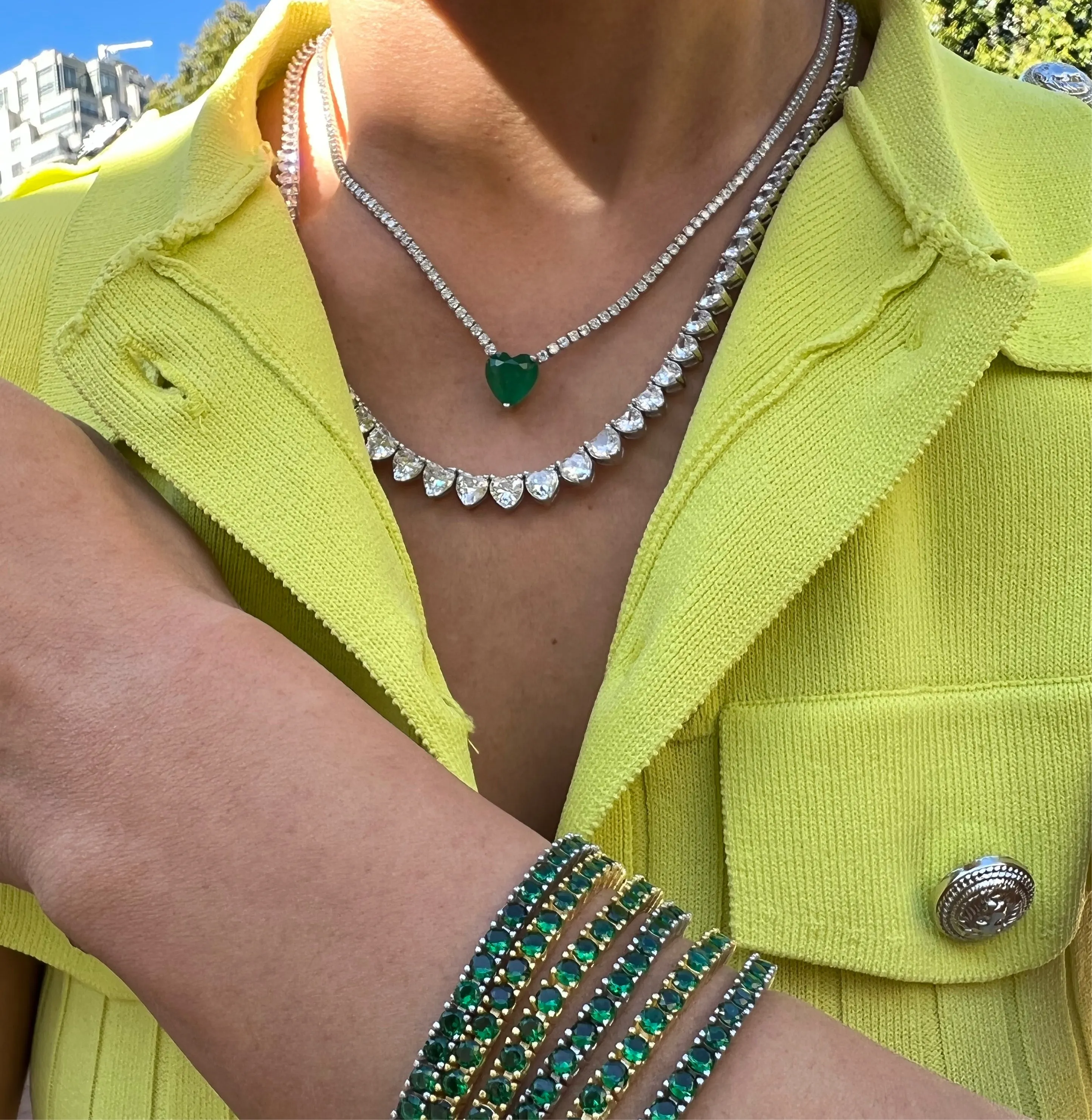 “Duchess” green heart sterling silver pave chain necklace