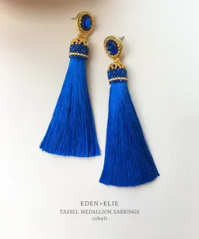 EDEN   ELIE silk tassel statement earrings - cobalt
