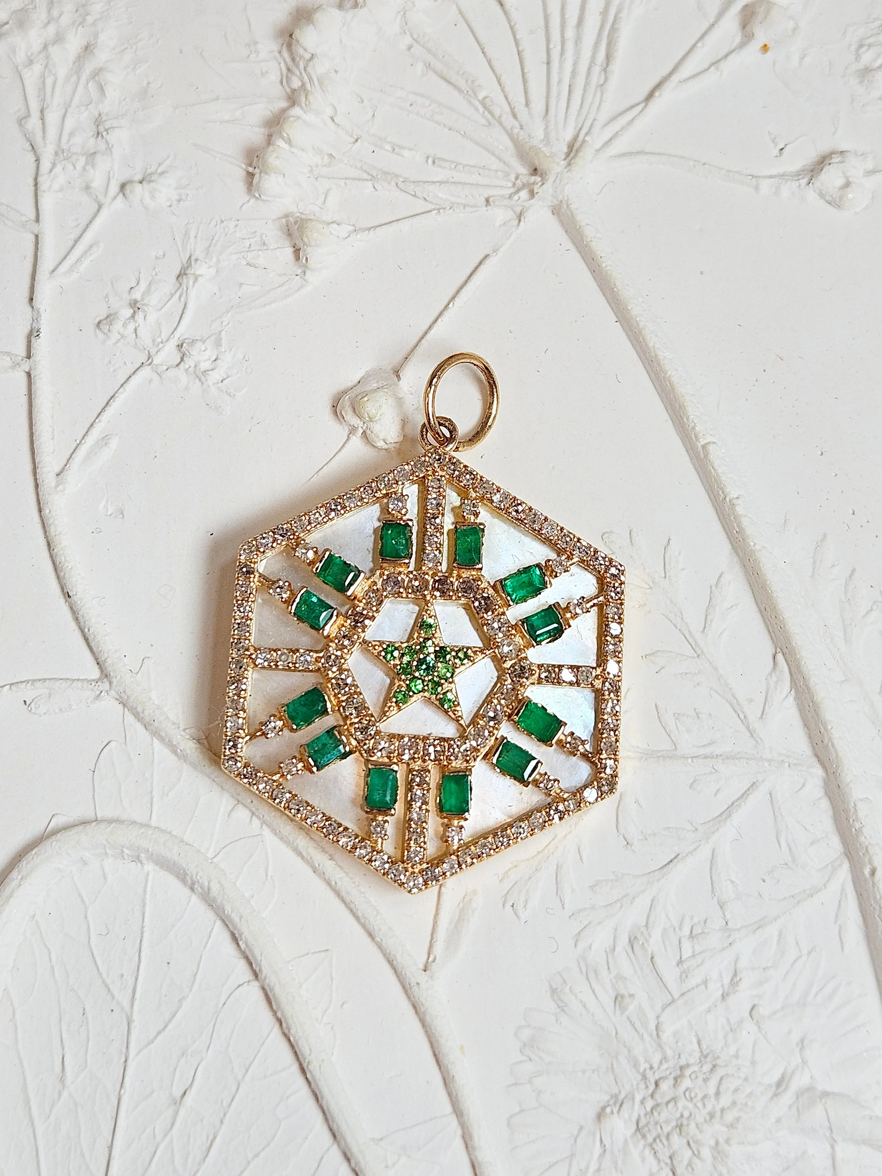 Emerald, Diamond, White Mother of Pearl Star Hexagon Gemstone Pendant 14K Yellow Gold