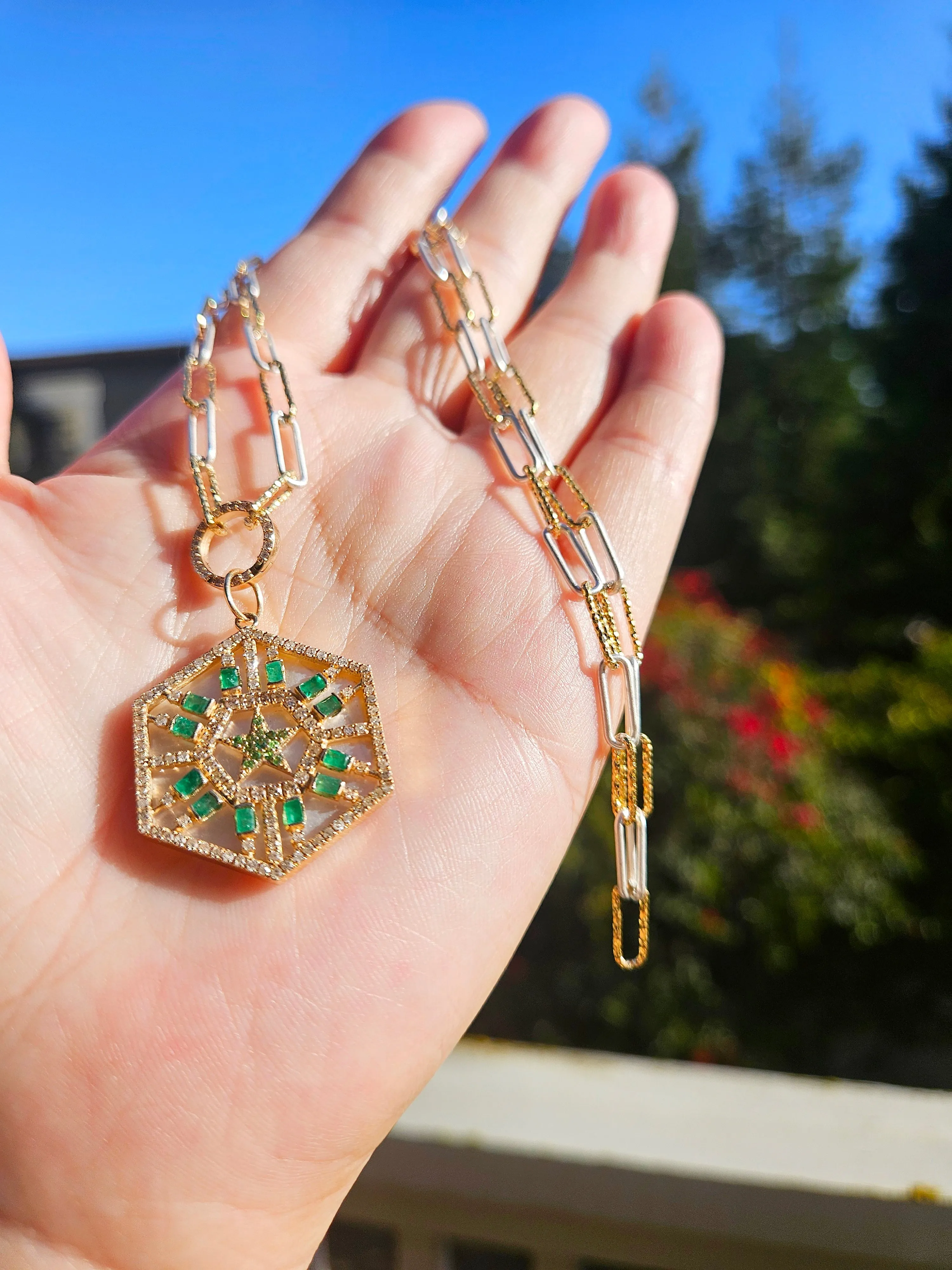 Emerald, Diamond, White Mother of Pearl Star Hexagon Gemstone Pendant 14K Yellow Gold