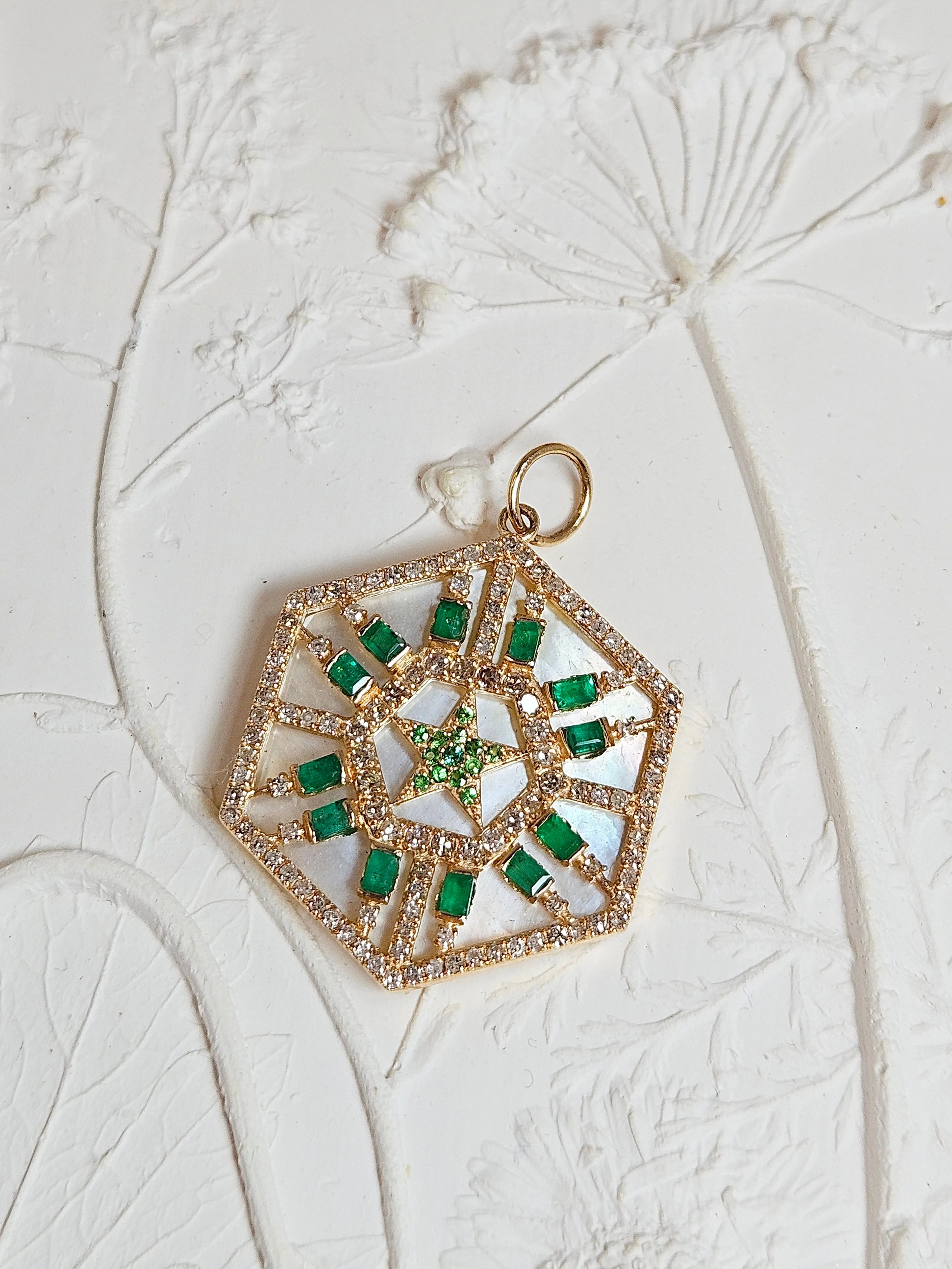 Emerald, Diamond, White Mother of Pearl Star Hexagon Gemstone Pendant 14K Yellow Gold