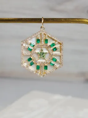 Emerald, Diamond, White Mother of Pearl Star Hexagon Gemstone Pendant 14K Yellow Gold