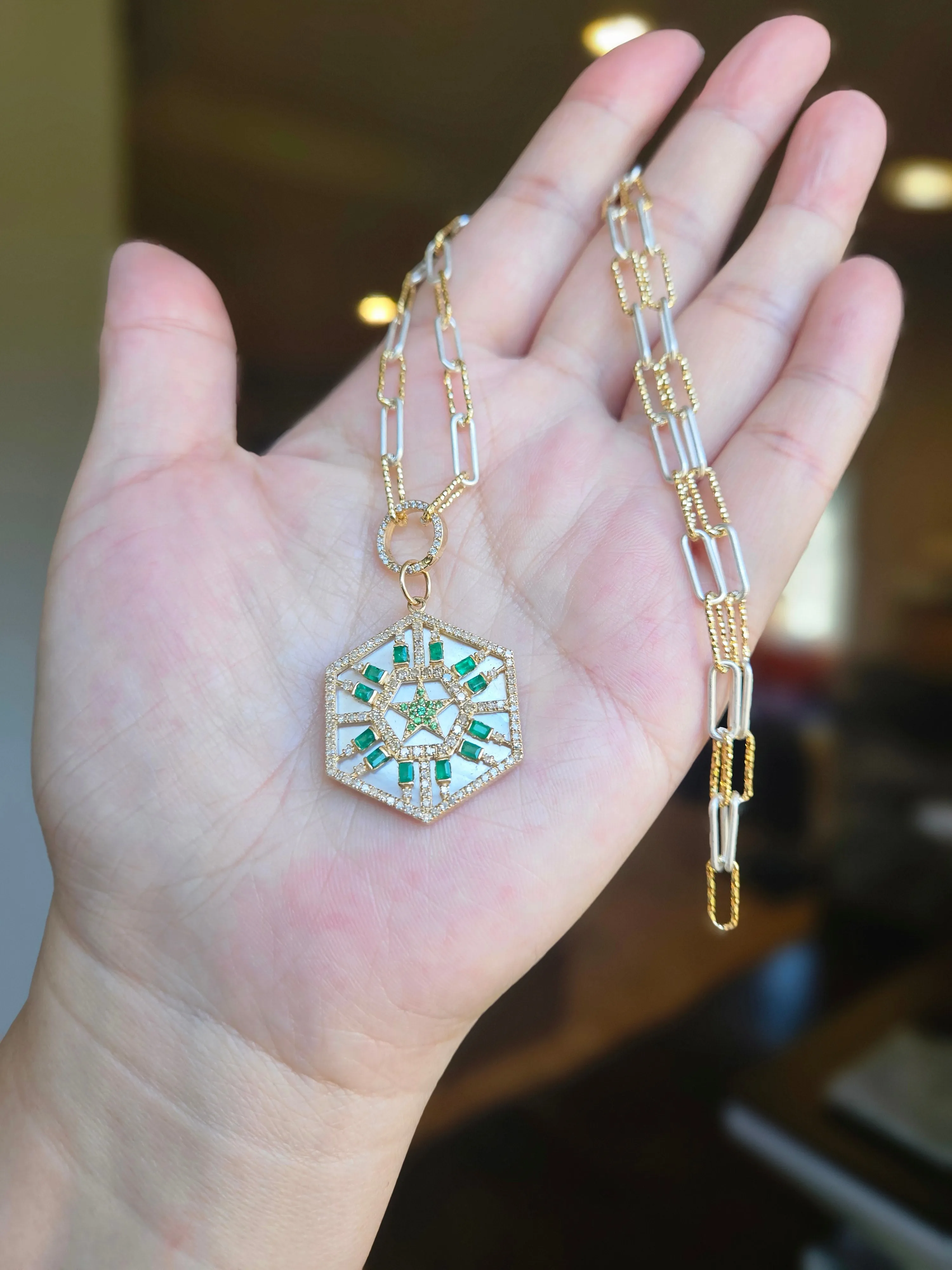 Emerald, Diamond, White Mother of Pearl Star Hexagon Gemstone Pendant 14K Yellow Gold