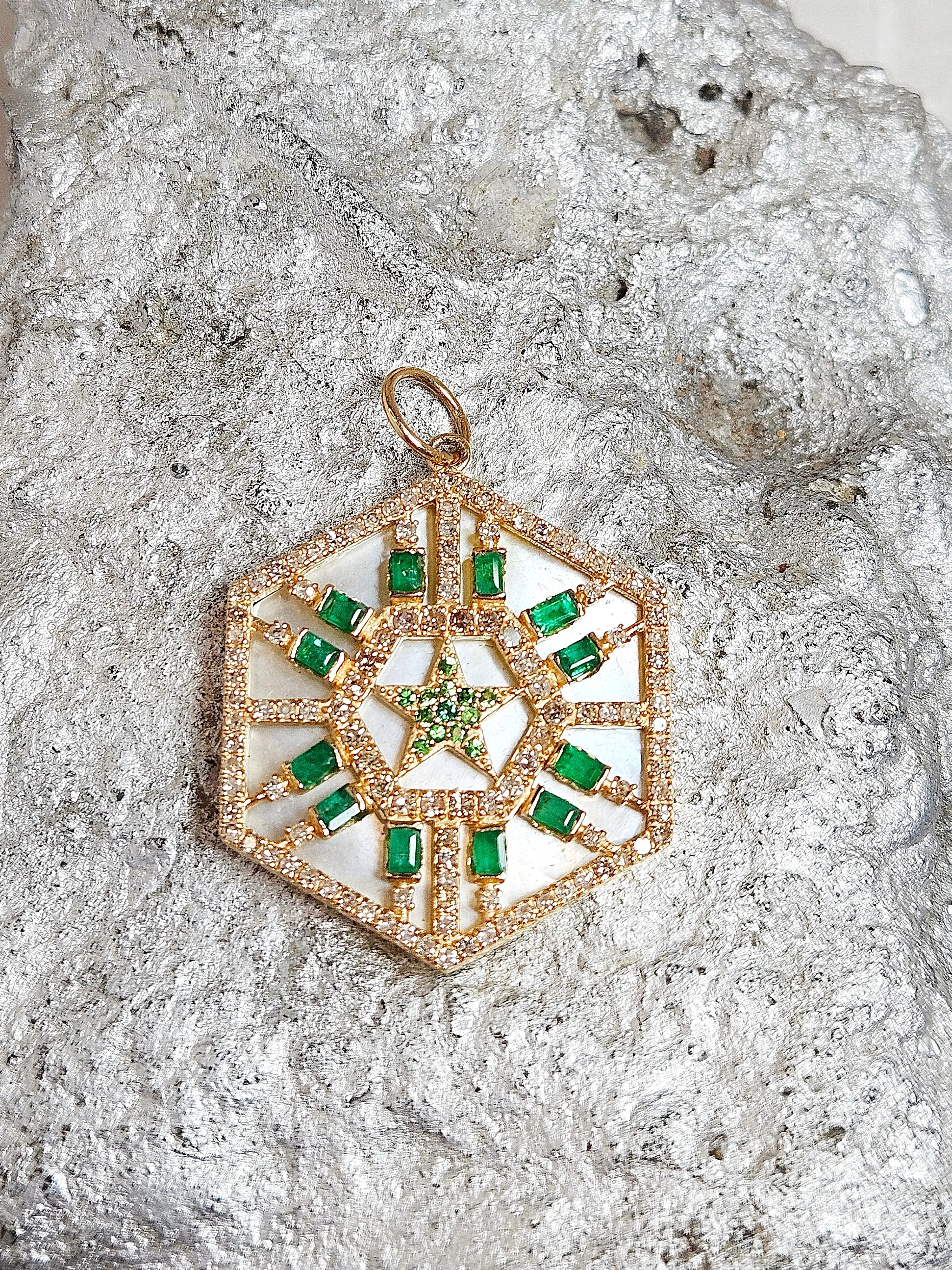 Emerald, Diamond, White Mother of Pearl Star Hexagon Gemstone Pendant 14K Yellow Gold