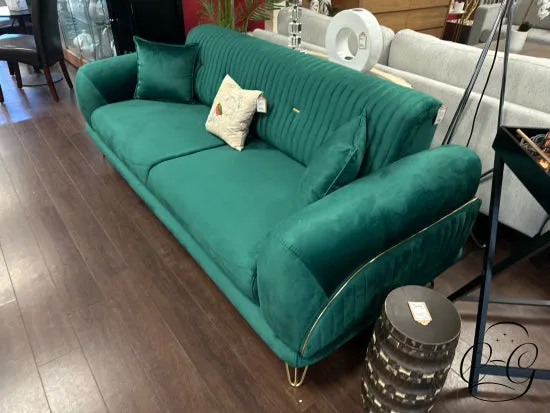 Emerald Green Convertible Sofa W/Channel Tufted Back, Brass Plated Detailing