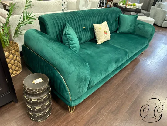 Emerald Green Convertible Sofa W/Channel Tufted Back, Brass Plated Detailing