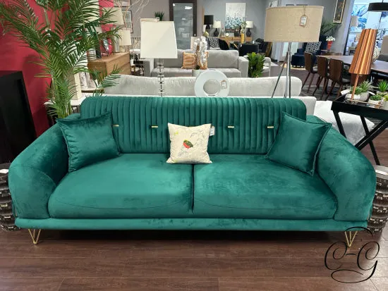 Emerald Green Convertible Sofa W/Channel Tufted Back, Brass Plated Detailing