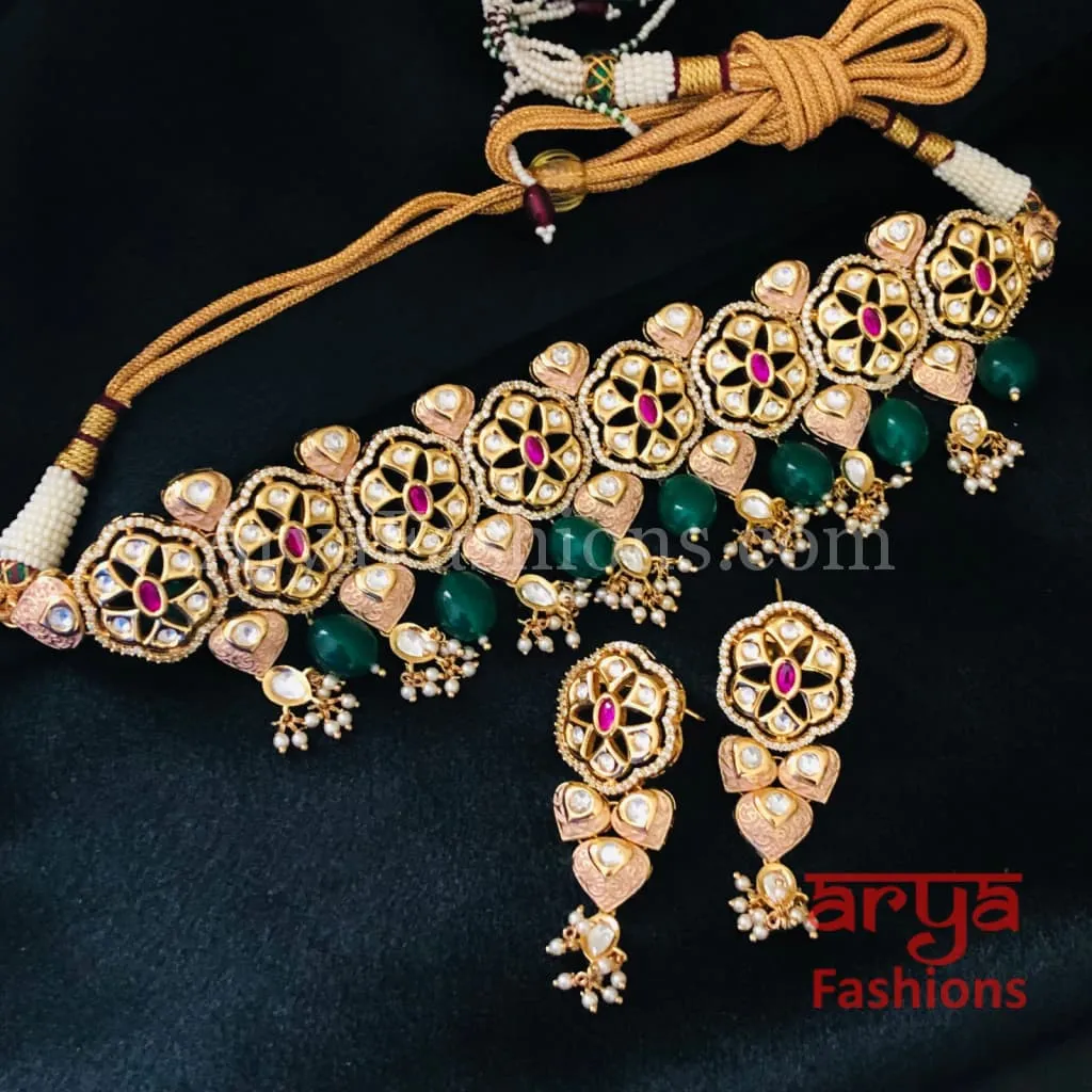 Emerald Pacchi Kundan Choker Necklace/ Rajwadi Meenakari Necklace