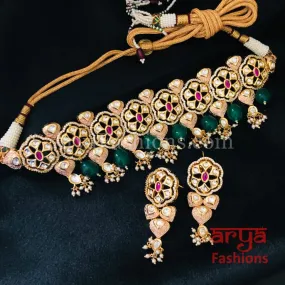 Emerald Pacchi Kundan Choker Necklace/ Rajwadi Meenakari Necklace