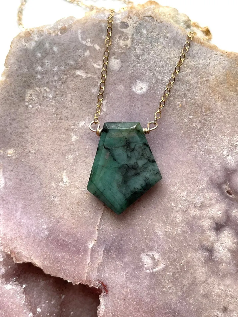 Emerald Pendant Necklace May Birthstone  14k Gold Filled or Sterling Silver Chain Gemstone Slice