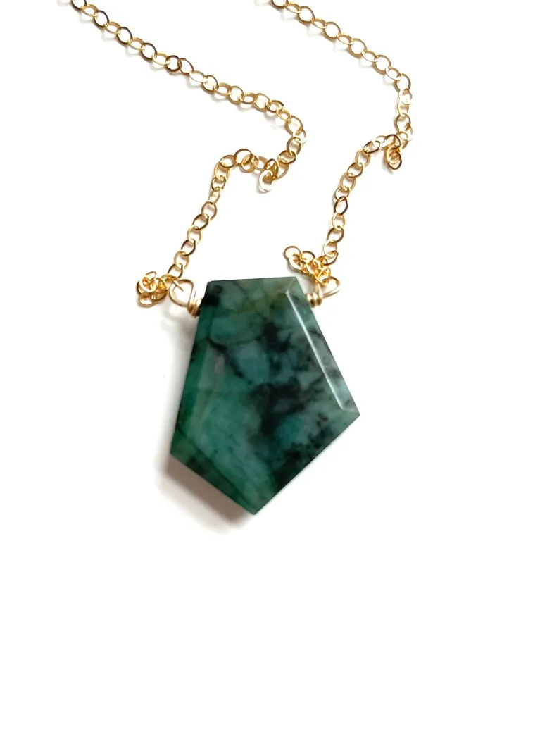 Emerald Pendant Necklace May Birthstone  14k Gold Filled or Sterling Silver Chain Gemstone Slice