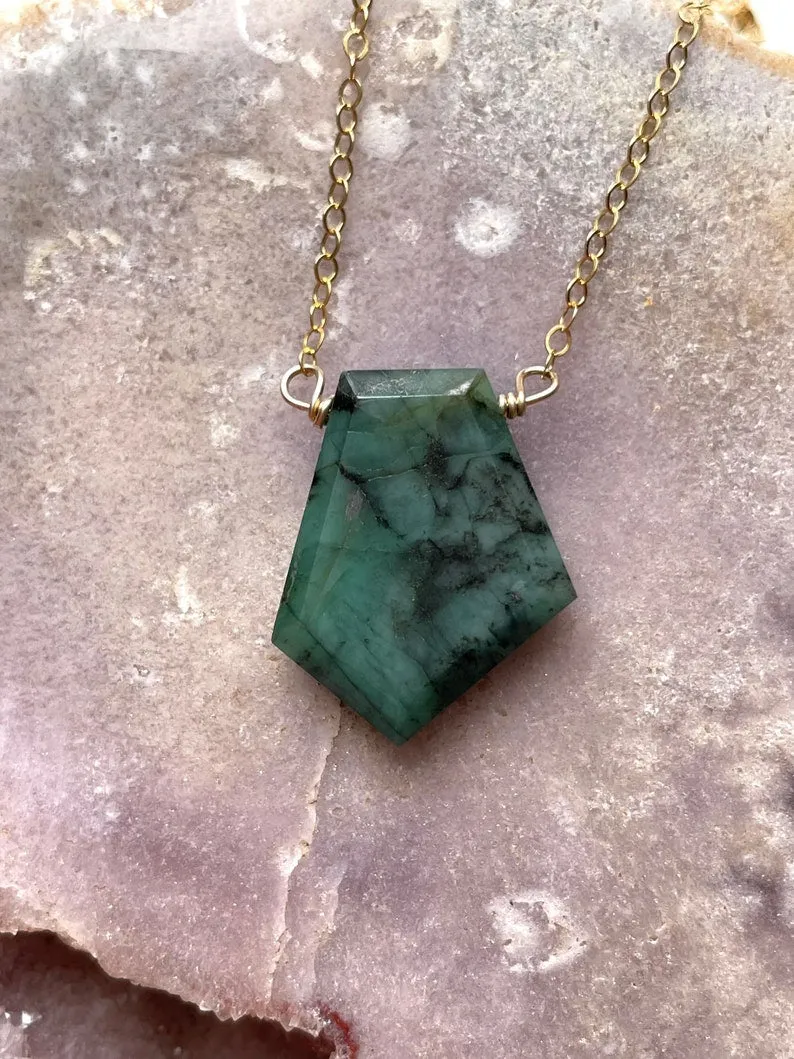 Emerald Pendant Necklace May Birthstone  14k Gold Filled or Sterling Silver Chain Gemstone Slice