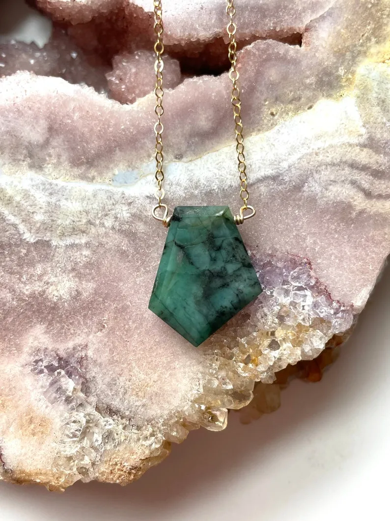 Emerald Pendant Necklace May Birthstone  14k Gold Filled or Sterling Silver Chain Gemstone Slice