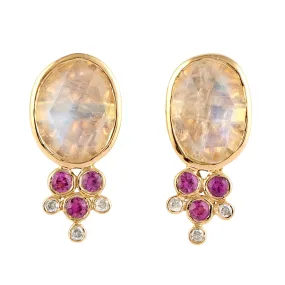 Faceted Moonstone Sapphire Diamond Stud Earrings In 18k Gold
