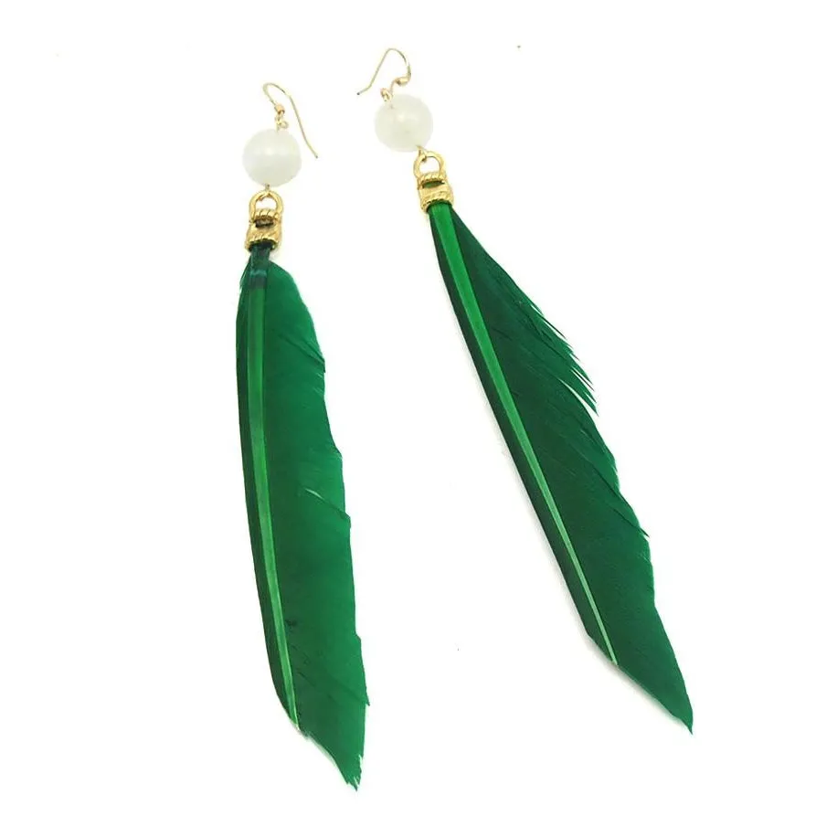 Feather Earrings with Moonstone Beads