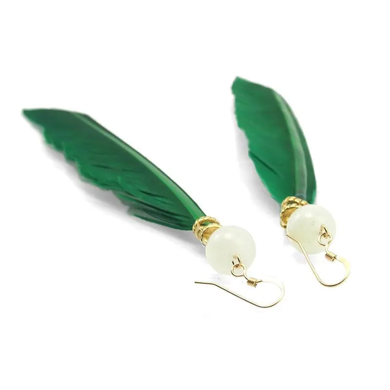 Feather Earrings with Moonstone Beads