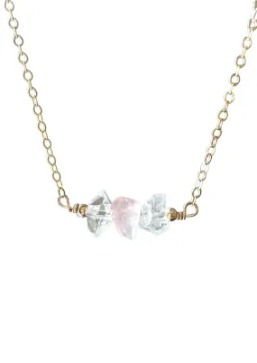 Feminine Crystal Necklace- Herkimer Diamond - Rose Quartz- Clear Quartz