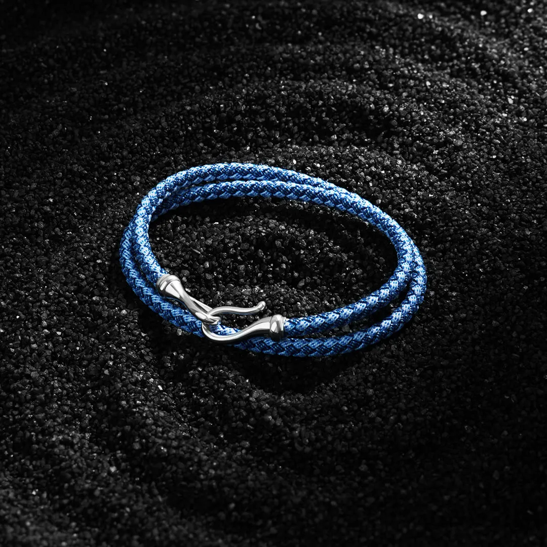 Fish Hook Blue Cotton Wrap Bracelet in Silver
