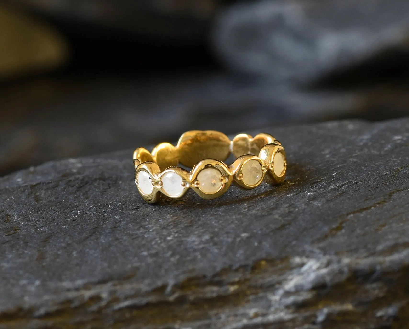 Five Stone Rainbow Moonstone Bubble Ring in Gold Vermeil