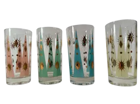 Fred Press Signed Mid-Century Pastel Atomic Burst Highball Glasses (Set of 4)