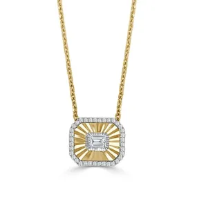 Frederic Sage 14K Yellow and White Gold Small Bella Pendant with Emerald Diamond Center and Round Diamond Halo