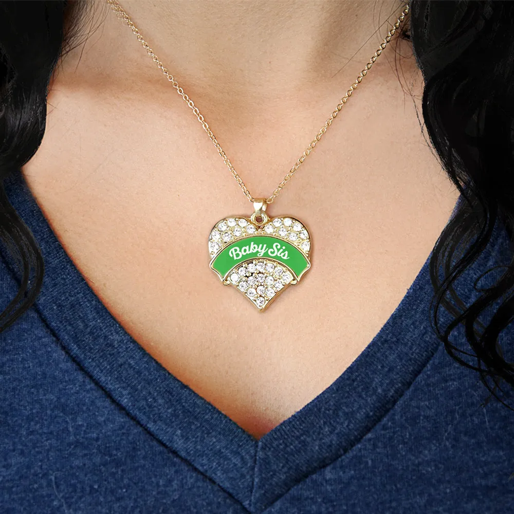 Gold Emerald Green Baby Sister Pave Heart Charm Classic Necklace