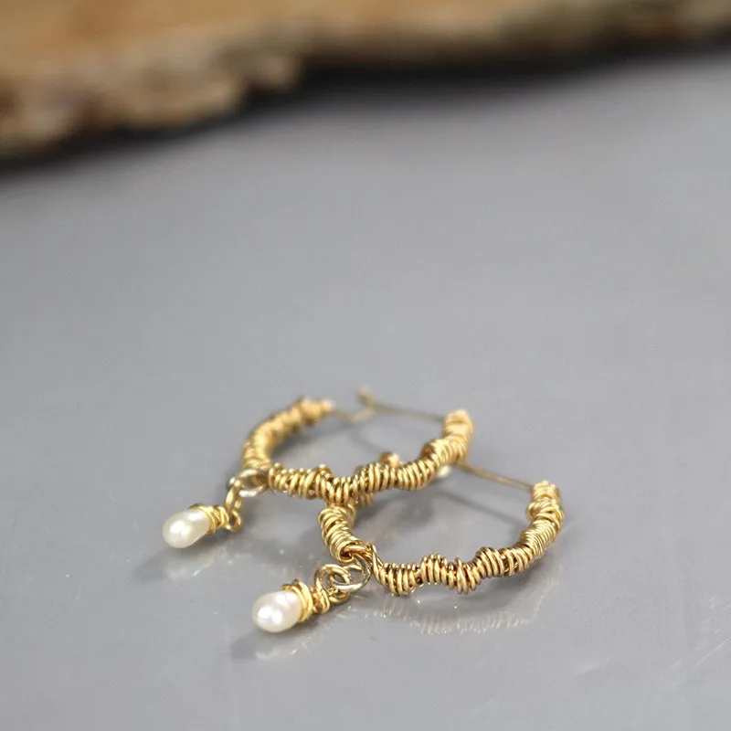 Gold Pearl Wire Wrapped Hoop Earrings