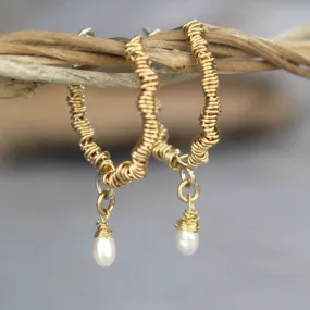 Gold Pearl Wire Wrapped Hoop Earrings