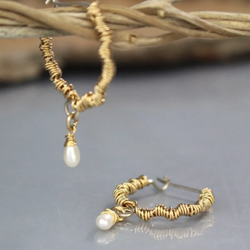 Gold Pearl Wire Wrapped Hoop Earrings