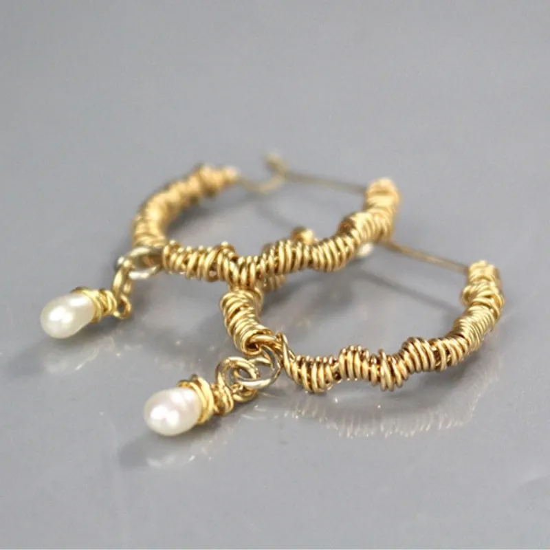 Gold Pearl Wire Wrapped Hoop Earrings
