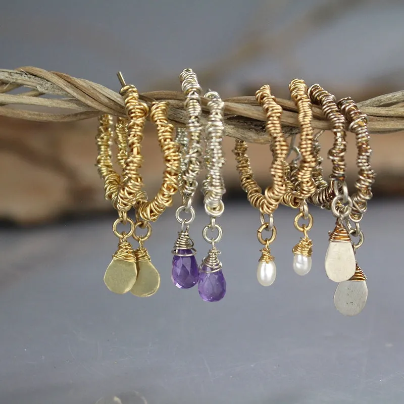 Gold Pearl Wire Wrapped Hoop Earrings