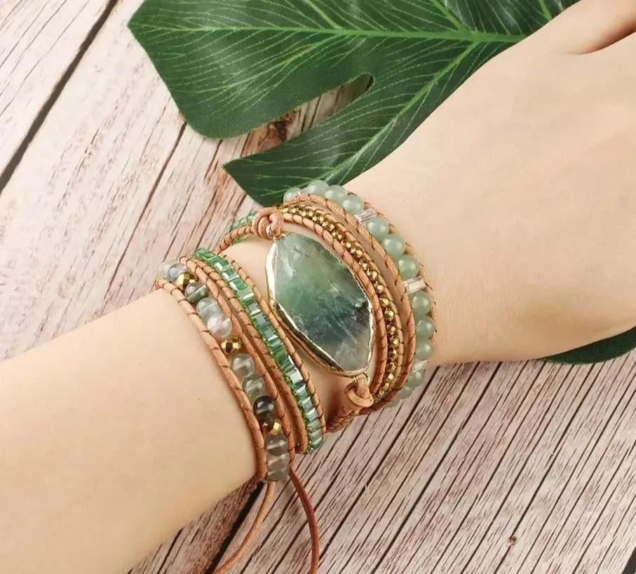 Green Fluorite Crystal Aventurine Bead Leather Wrap Bracelet Multilayer