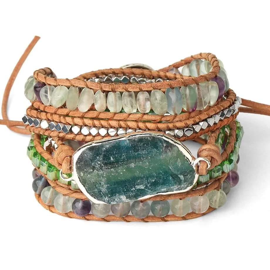 Green Fluorite Crystal Aventurine Bead Leather Wrap Bracelet Multilayer