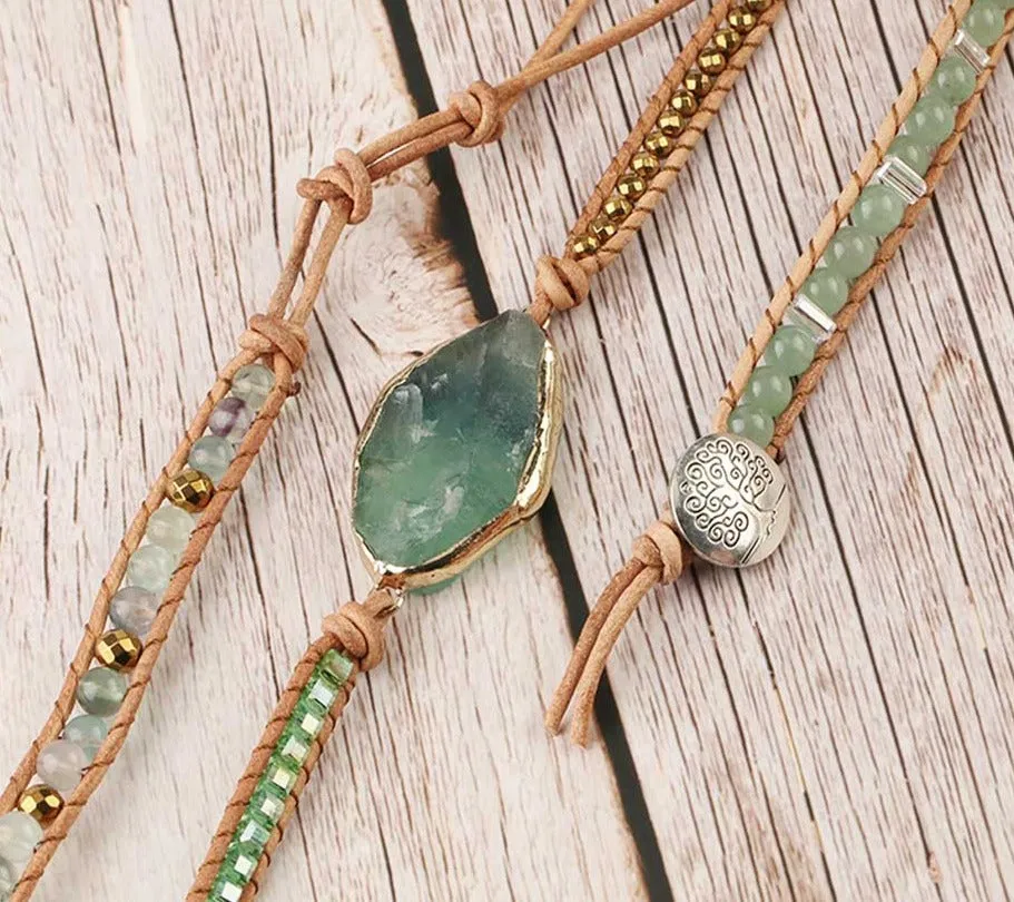 Green Fluorite Crystal Aventurine Bead Leather Wrap Bracelet Multilayer