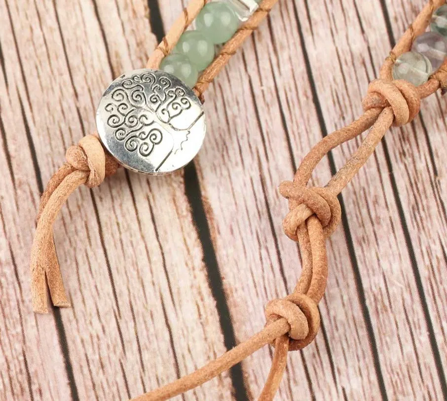 Green Fluorite Crystal Aventurine Bead Leather Wrap Bracelet Multilayer