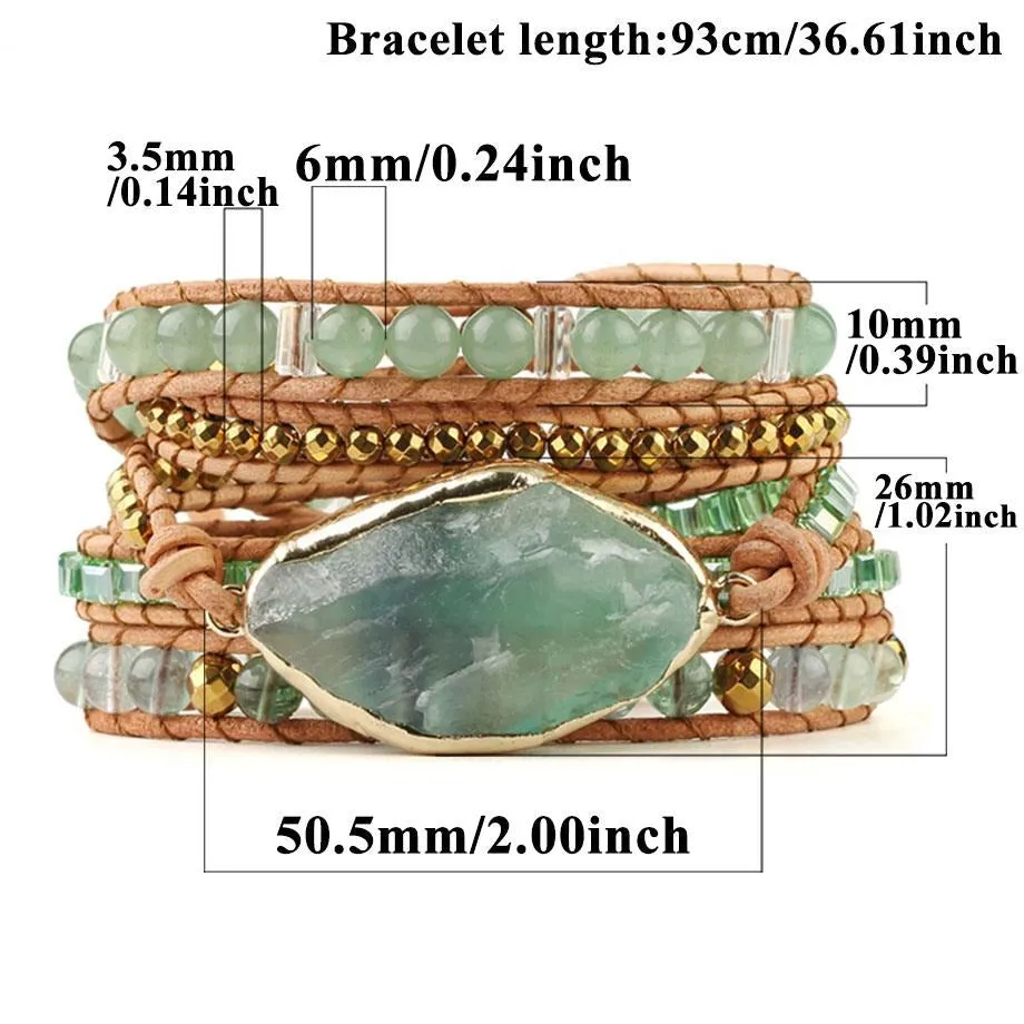 Green Fluorite Crystal Aventurine Bead Leather Wrap Bracelet Multilayer