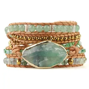 Green Fluorite Crystal Aventurine Bead Leather Wrap Bracelet Multilayer