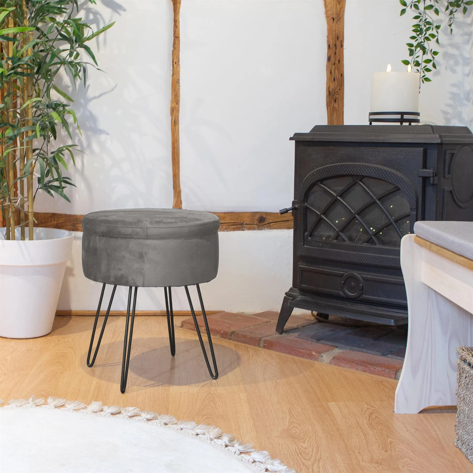 Grey Round Velvet Storage Footstool - By Harbour Housewares